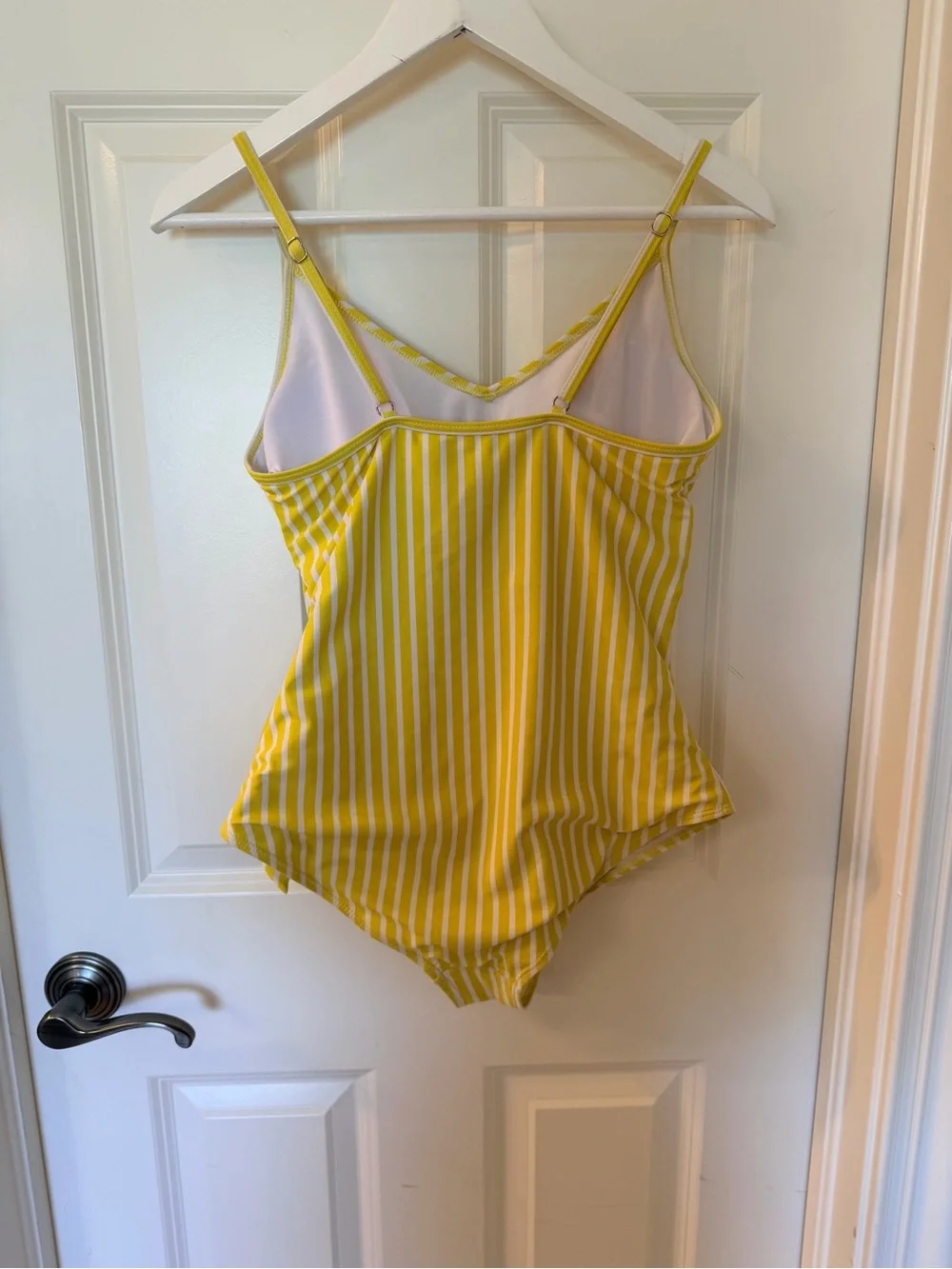 Yellow and White Striped One-Piece Swimsuit with Waist Tie